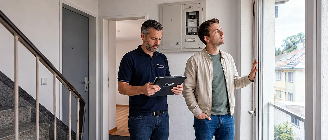 Platzhalterbild: Vor-Ort-Prüfung mit Tablet, Dokumenten, Gebäudebezug und Checkliste für Aufenthalt und Wohnsitz.