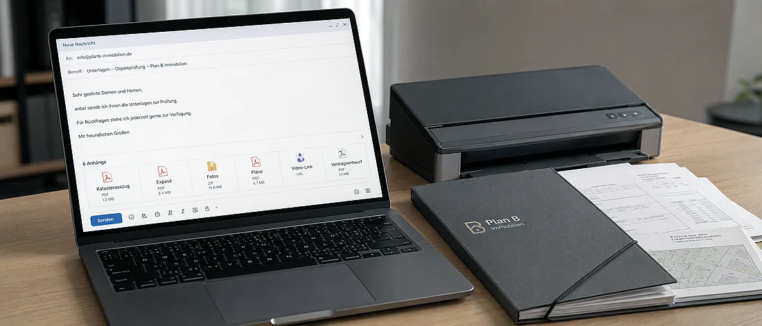 Platzhalterbild: Laptop mit E-Mail-Entwurf, Scanner und geordneter Dokumentenmappe.