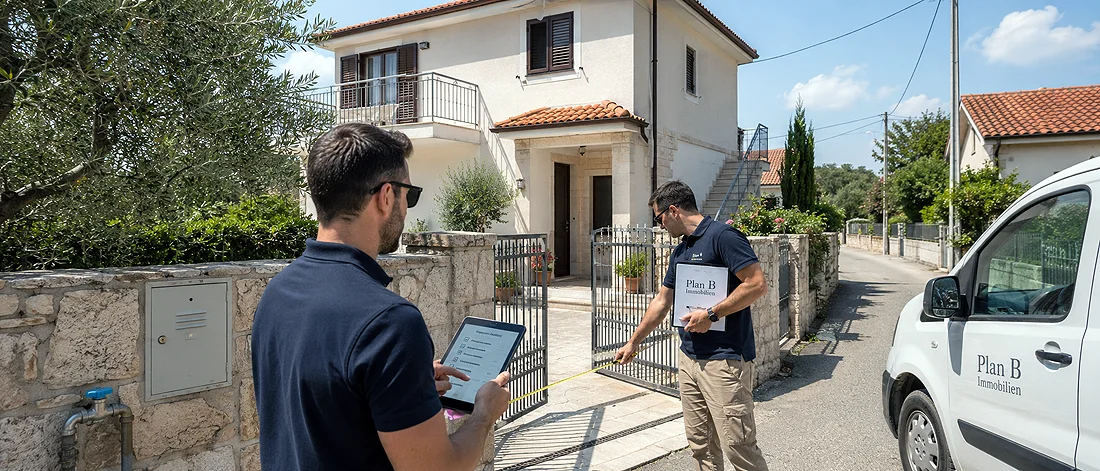 Platzhalterbild: Vor-Ort-Prüfung mit Tablet, Maßband, Dokumenten und Checkliste als Symbol für Risikoprüfung in Montenegro.