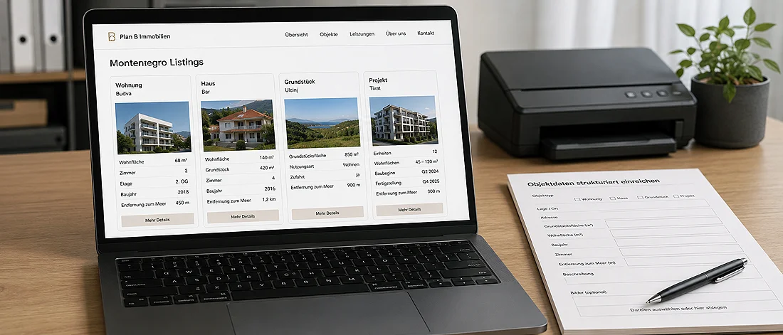 Platzhalterbild: Immobilienübersicht mit Objektkarten und strukturierten Angaben zu Montenegro.