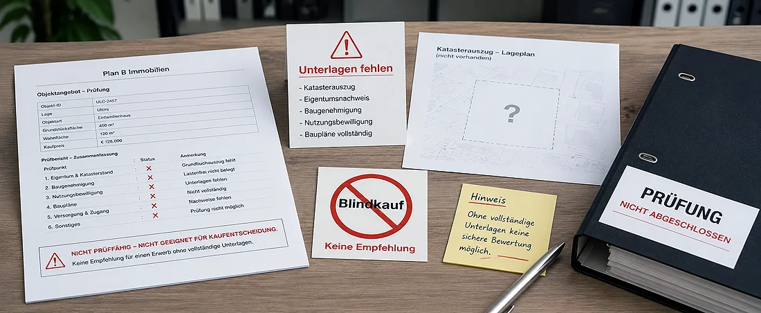 Platzhalterbild: Unterlagen mit Hinweis auf unvollständige Prüfung, offene Punkte und keine Empfehlung.