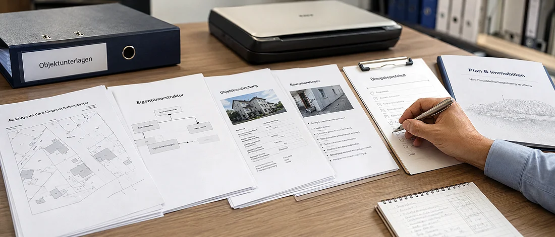 Platzhalterbild: Klemmbrett mit Checkliste, Dokumenten, Fotos und Scanner als Symbol für Unterlagen zur Risikoprüfung.