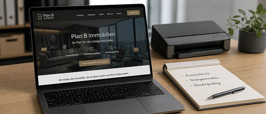 Platzhalterbild: Laptop mit vorsorgeplan.me, Notizblock, Dokumenten und strukturierter Vorsorgeübersicht.