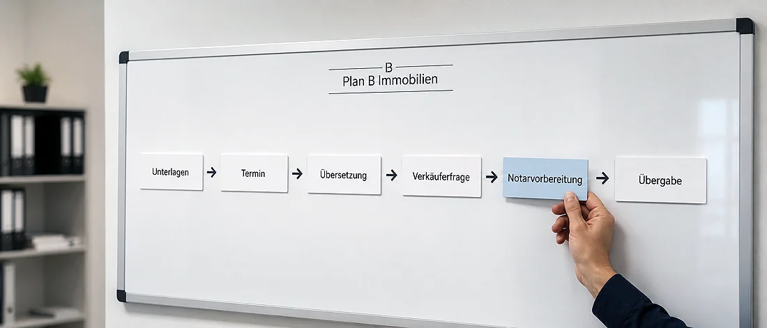 Whiteboard mit klarer Reihenfolge für Dokumente, Fachstellen und Umsetzungsschritte.