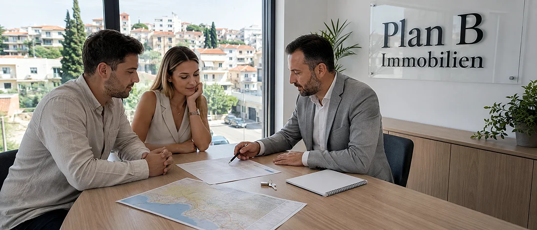Beratungssituation mit Dokumenten, Karte und geordneter Vorsorgeplanung in Montenegro.
