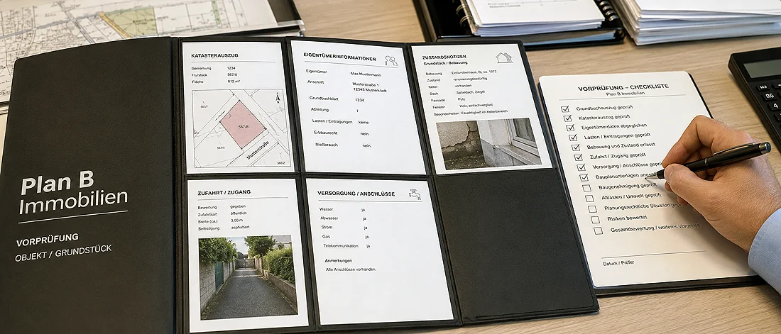 Platzhalterbild: Vorprüfung mit Checkliste, Dokumentenmappe und offenen Punkten für Risikoprüfung.