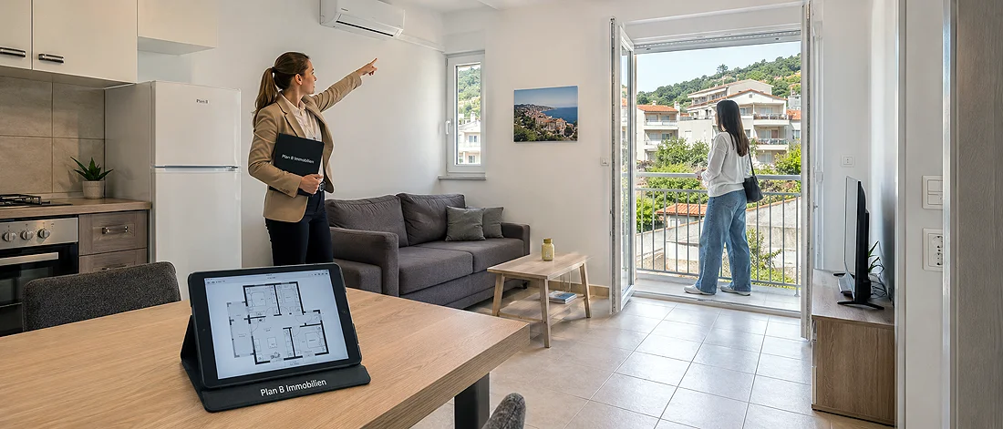 Platzhalterbild: Beratungssituation mit Wohnraum, Grundriss, Dokumenten und strukturierter Prüfung von Wohnsitz und Aufenthalt in Montenegro.