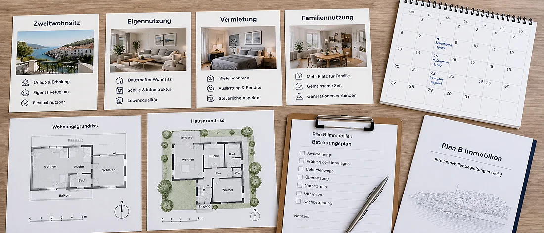 Platzhalterbild: Planungsunterlagen, Kalender und Checkliste als Symbol für Ziel, Nutzung und Strukturprüfung.